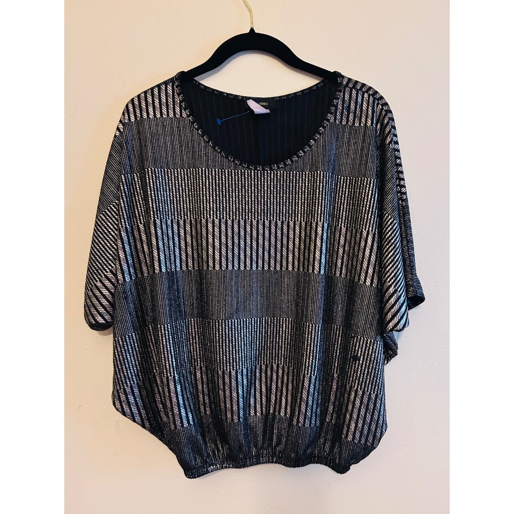 Womens Medium Black Silver Gold Excellent Metallic Batwing Disco Top